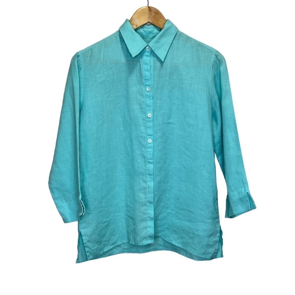 Classics By Liz Claiborne Blue Button Down Shirt 100% Linen Size Small